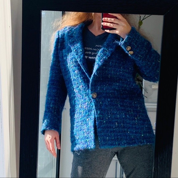 Vintage Teal Gold Metal Buttoned Bouclé Blazer - Picture 7 of 13